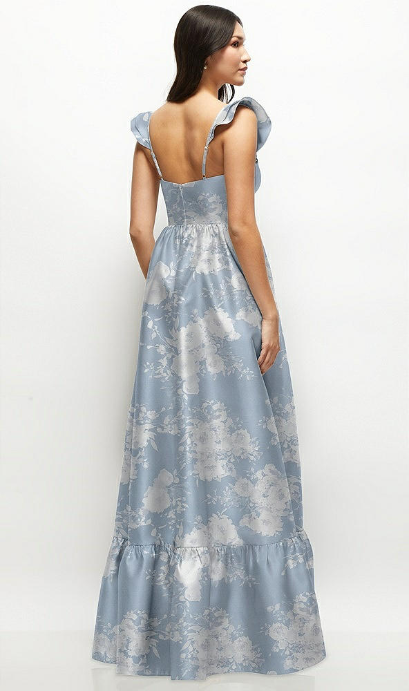 Back View - Porcelain Blue Seraphina Floral Floral Satin Corset Maxi Dress with Ruffle Straps & Skirt