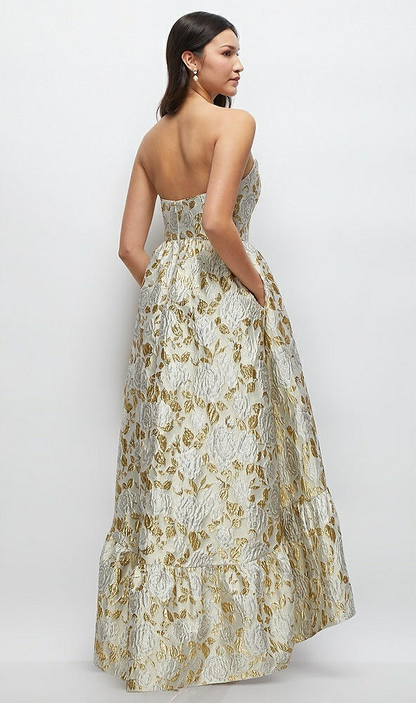 Back View - Winter Rose Strapless Cat-Eye Boned Bodice Brocade High-Low Dress