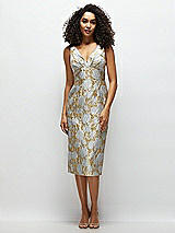 Front View Thumbnail - Winter Mist V-Neck Gold Brocade Column Midi Dress