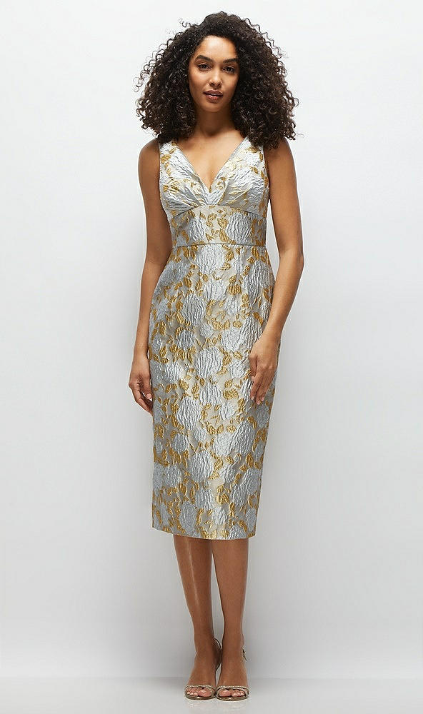 Front View - Winter Mist V-Neck Gold Brocade Column Midi Dress