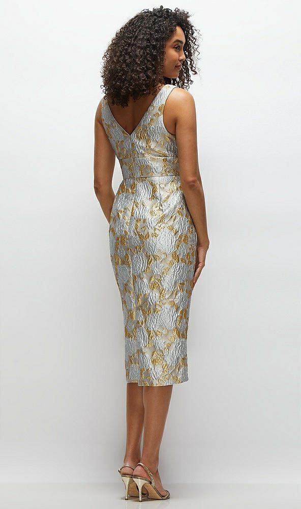 Back View - Winter Mist V-Neck Gold Brocade Column Midi Dress