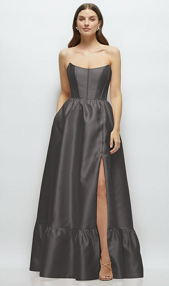 Front View - Caviar Gray Strapless Cat-Eye Boned Bodice Maxi Dress with Ruffle Hem