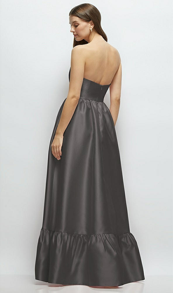 Back View - Caviar Gray Strapless Cat-Eye Boned Bodice Maxi Dress with Ruffle Hem