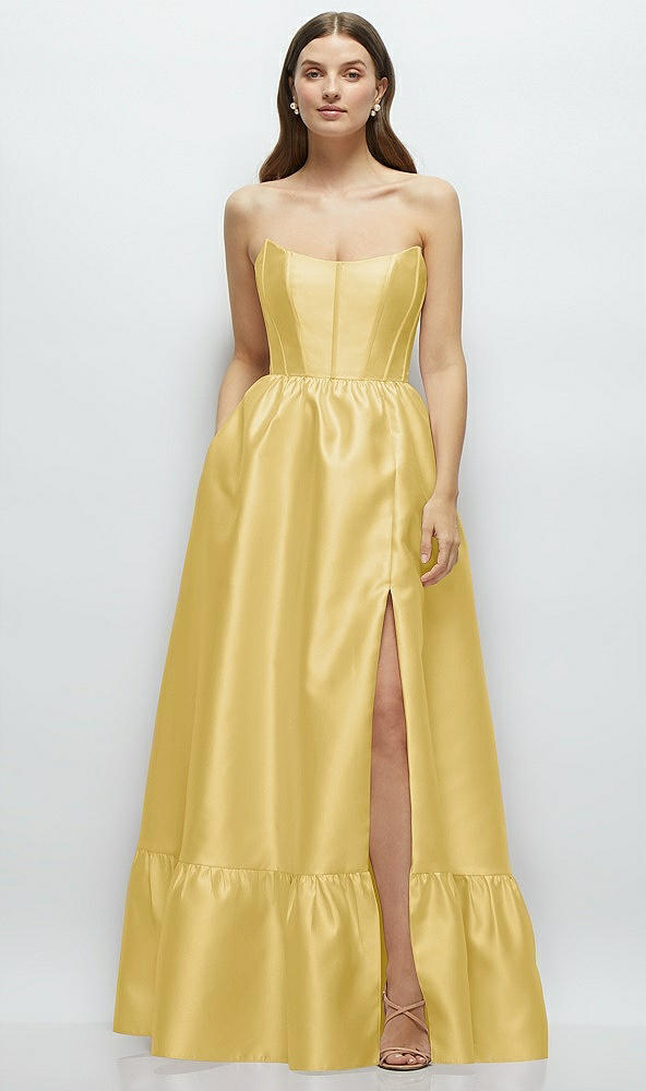 Front View - Maize Strapless Cat-Eye Boned Bodice Maxi Dress with Ruffle Hem