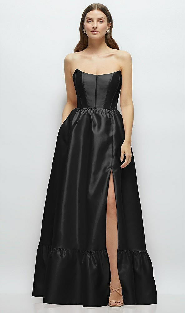 Front View - Black Strapless Cat-Eye Boned Bodice Maxi Dress with Ruffle Hem