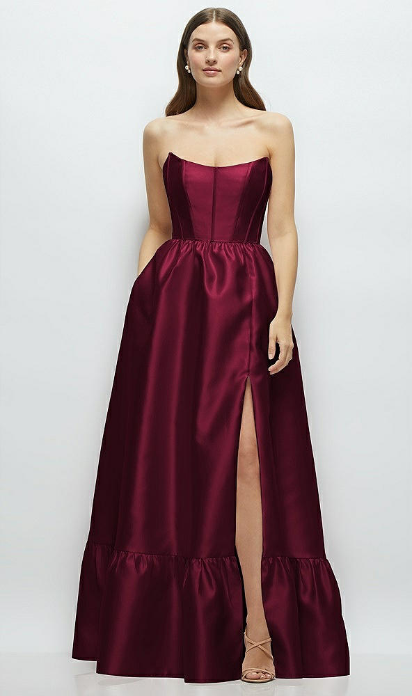 Front View - Cabernet Strapless Cat-Eye Boned Bodice Maxi Dress with Ruffle Hem