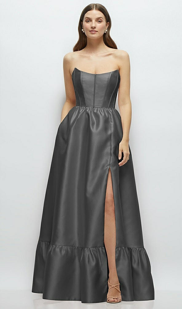 Front View - Gunmetal Strapless Cat-Eye Boned Bodice Maxi Dress with Ruffle Hem