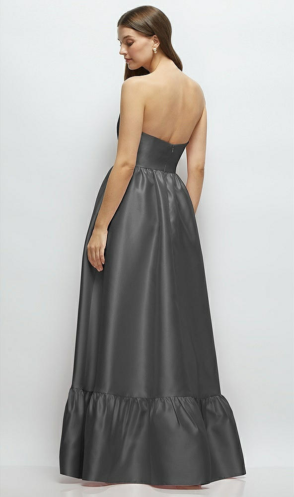 Back View - Gunmetal Strapless Cat-Eye Boned Bodice Maxi Dress with Ruffle Hem