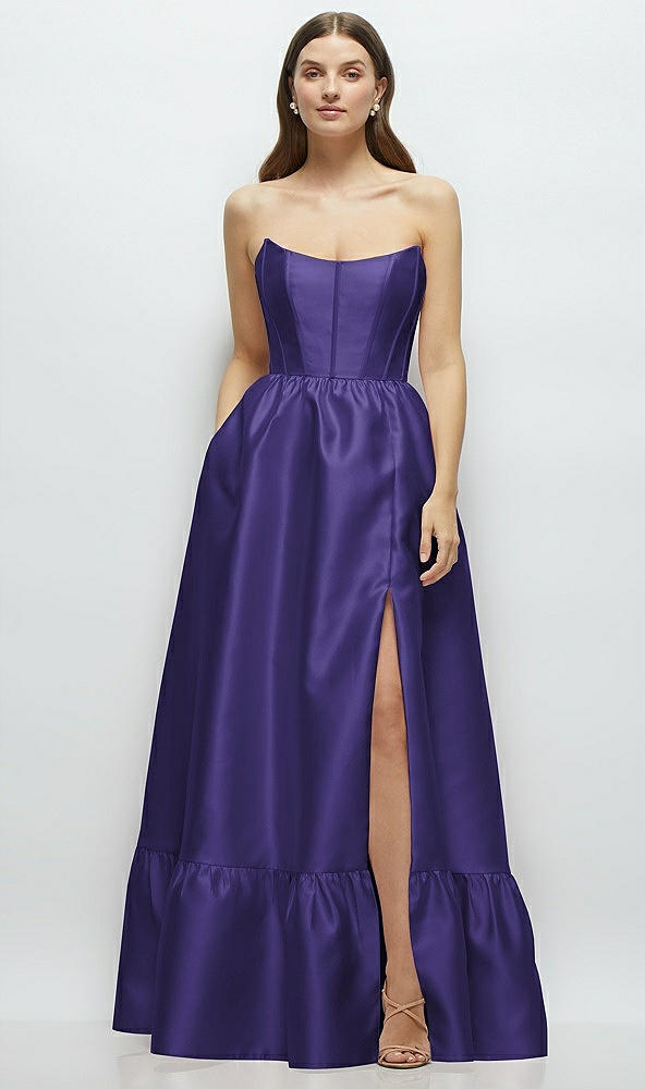 Front View - Grape Strapless Cat-Eye Boned Bodice Maxi Dress with Ruffle Hem