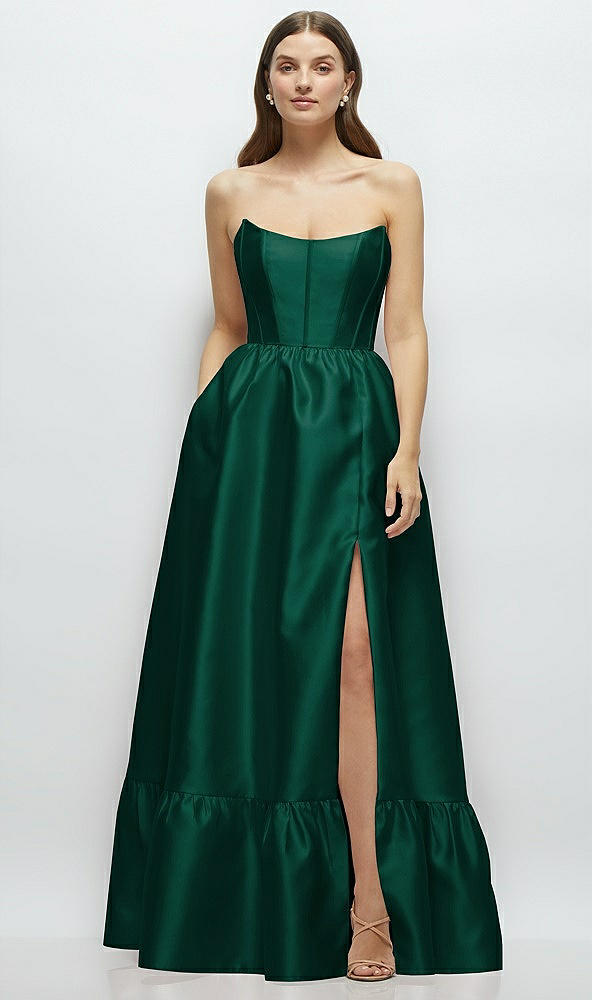 Front View - Hunter Green Strapless Cat-Eye Boned Bodice Maxi Dress with Ruffle Hem