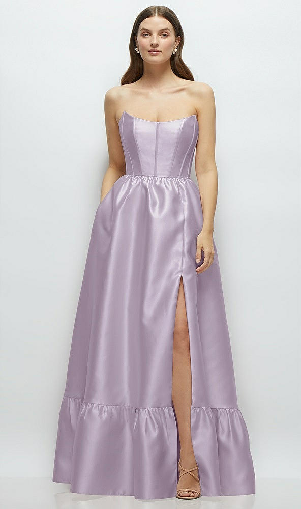 Front View - Lilac Haze Strapless Cat-Eye Boned Bodice Maxi Dress with Ruffle Hem