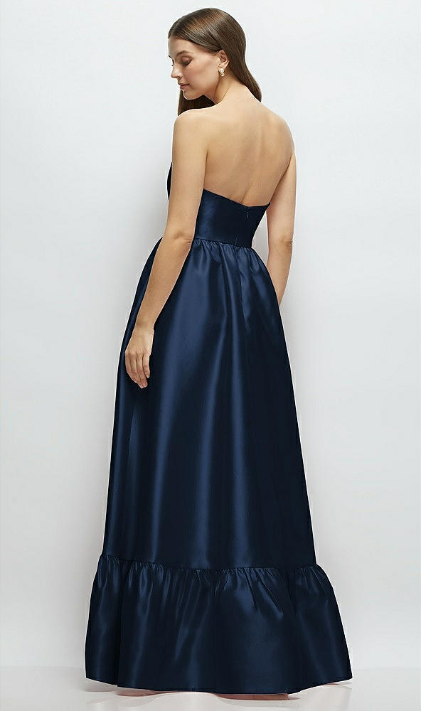 Back View - Midnight Navy Strapless Cat-Eye Boned Bodice Maxi Dress with Ruffle Hem