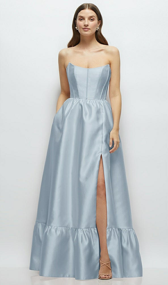 Front View - Mist Strapless Cat-Eye Boned Bodice Maxi Dress with Ruffle Hem