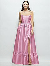 Front View Thumbnail - Powder Pink Strapless Cat-Eye Boned Bodice Maxi Dress with Ruffle Hem