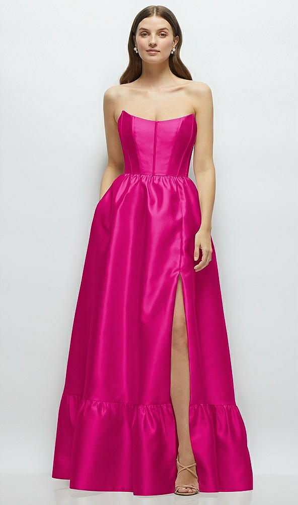 Front View - Think Pink Strapless Cat-Eye Boned Bodice Maxi Dress with Ruffle Hem