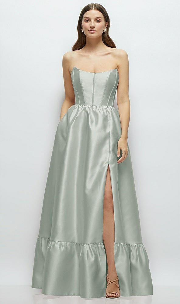 Front View - Willow Green Strapless Cat-Eye Boned Bodice Maxi Dress with Ruffle Hem