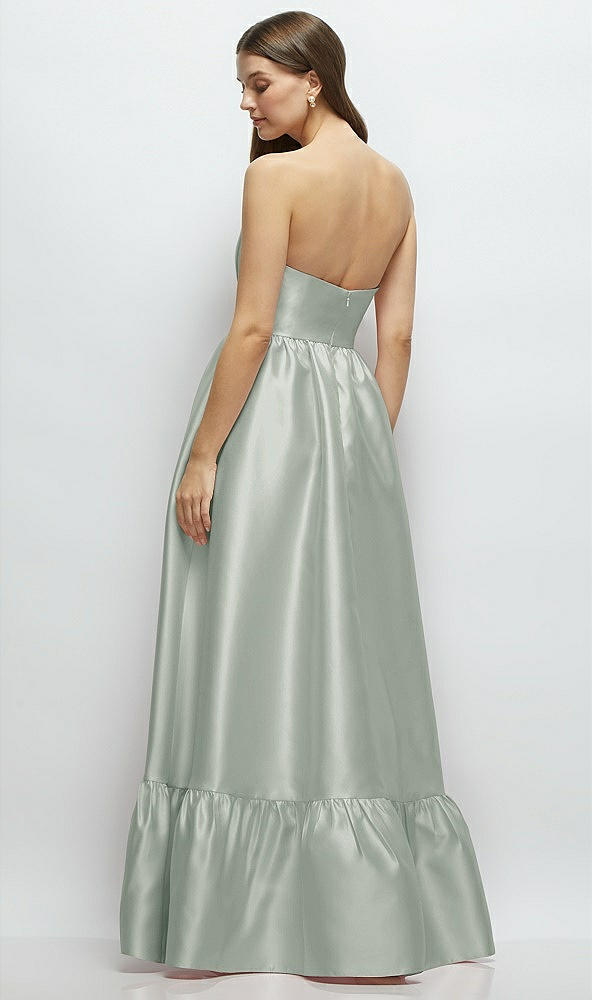 Back View - Willow Green Strapless Cat-Eye Boned Bodice Maxi Dress with Ruffle Hem