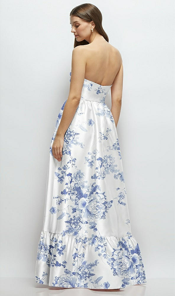 Back View - Cottage Rose Larkspur Floral Strapless Cat-Eye Boned Bodice Maxi Dress with Ruffle Hem