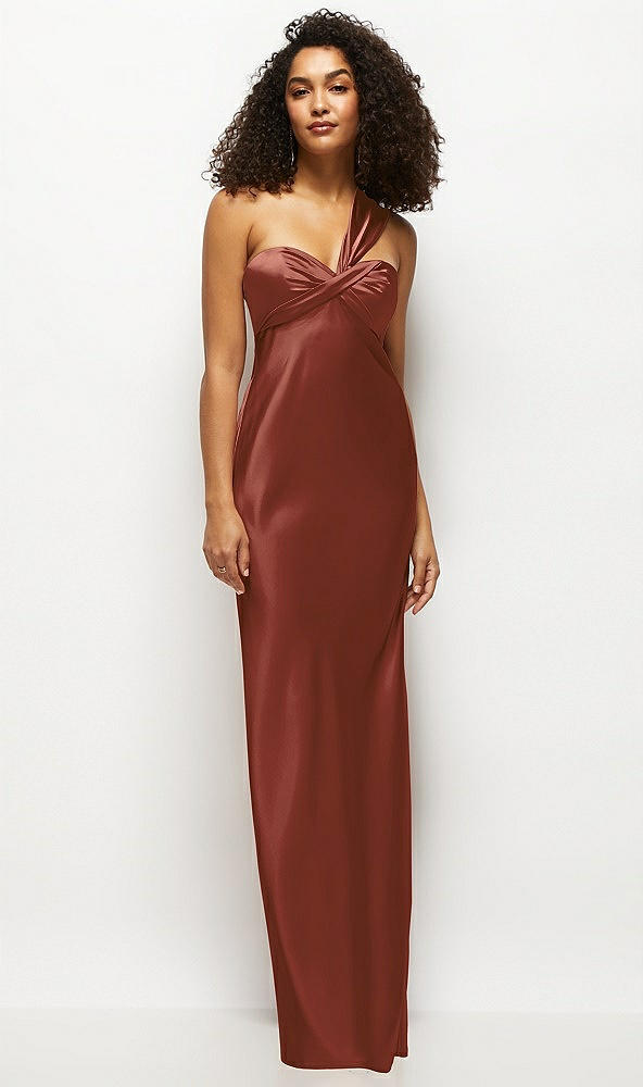 Front View - Auburn Moon Satin Twist Bandeau One-Shoulder Bias Maxi Dress