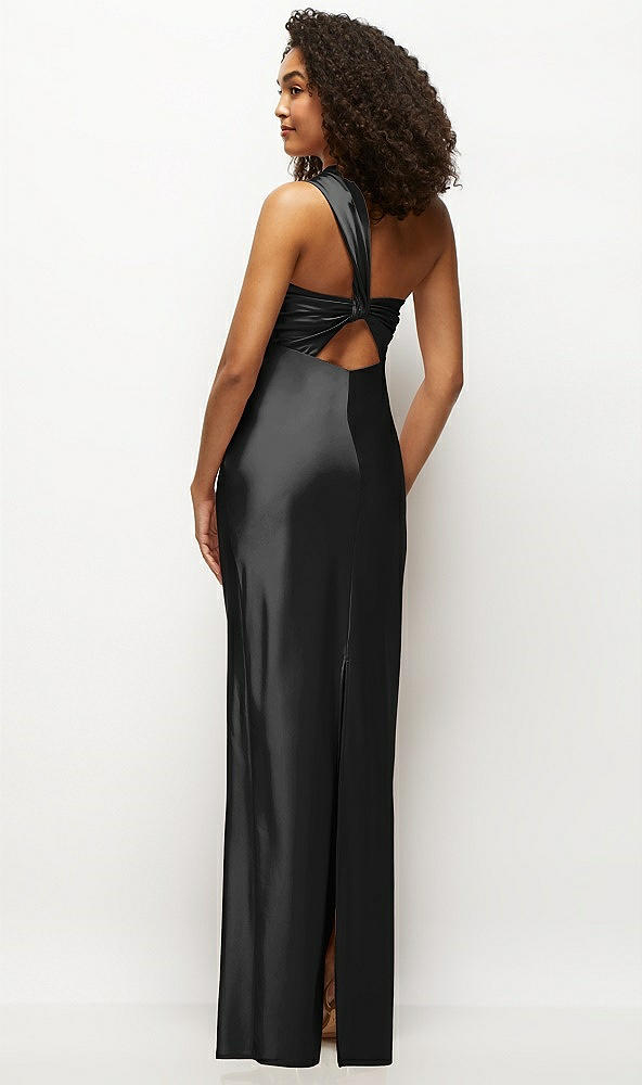 Back View - Black Satin Twist Bandeau One-Shoulder Bias Maxi Dress