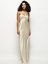 Front View Thumbnail - Champagne Satin Twist Bandeau One-Shoulder Bias Maxi Dress