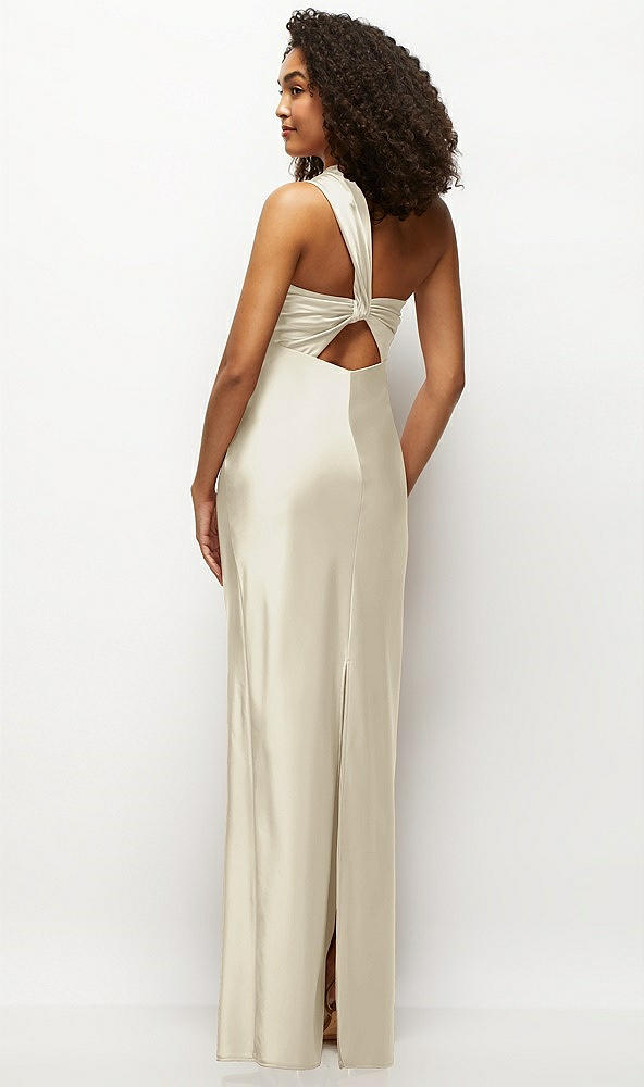 Back View - Champagne Satin Twist Bandeau One-Shoulder Bias Maxi Dress