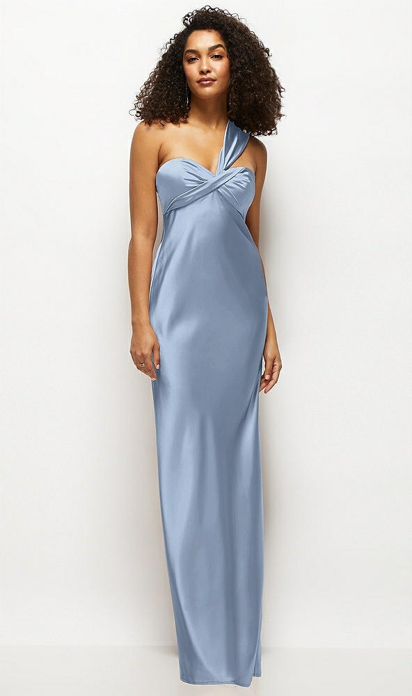 Front View - Cloudy Satin Twist Bandeau One-Shoulder Bias Maxi Dress