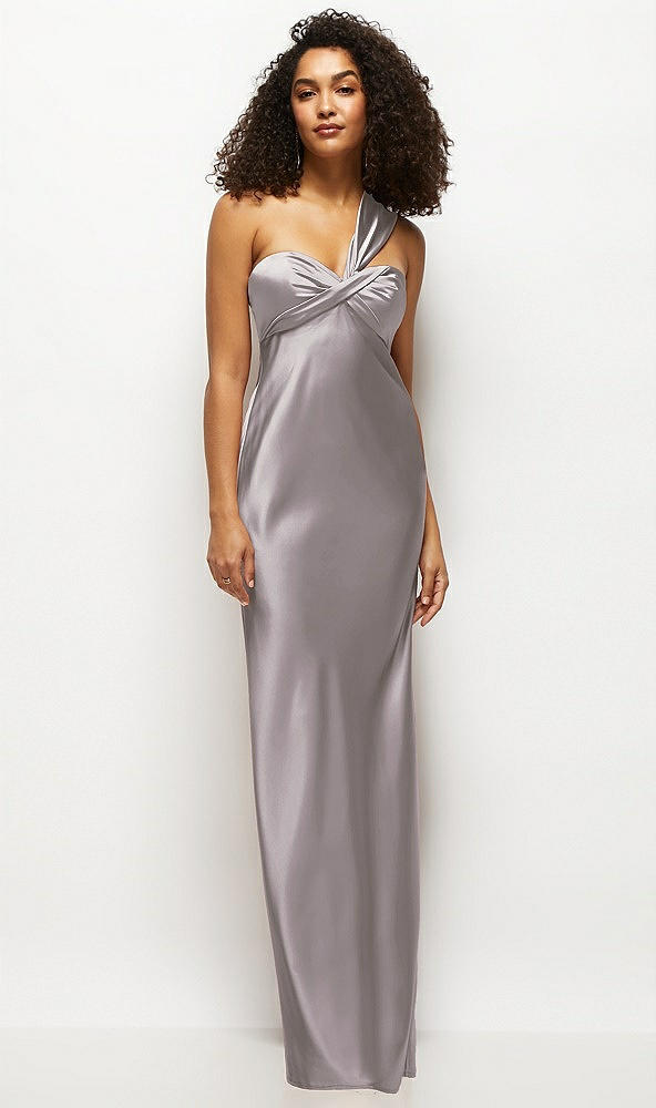 Front View - Cashmere Gray Satin Twist Bandeau One-Shoulder Bias Maxi Dress