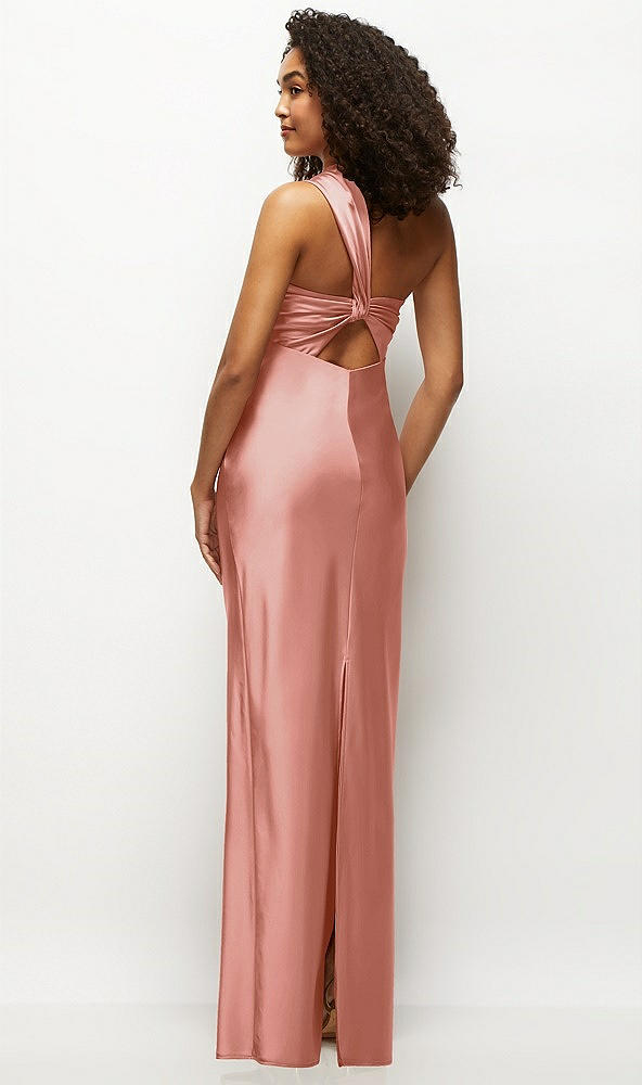 Back View - Desert Rose Satin Twist Bandeau One-Shoulder Bias Maxi Dress