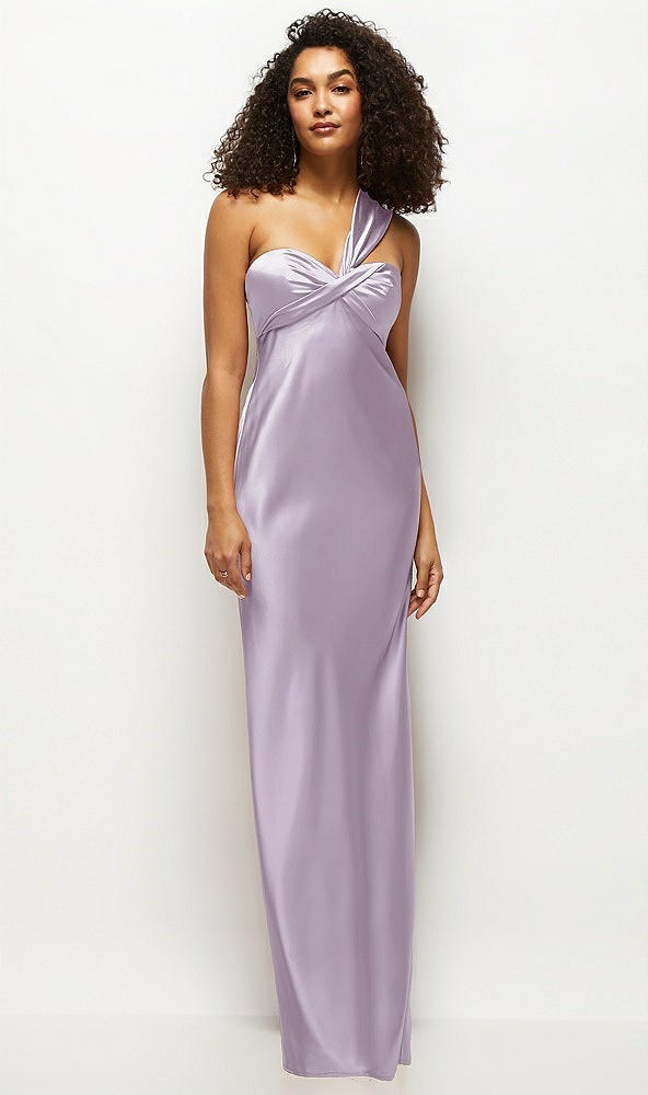 Front View - Lilac Haze Satin Twist Bandeau One-Shoulder Bias Maxi Dress