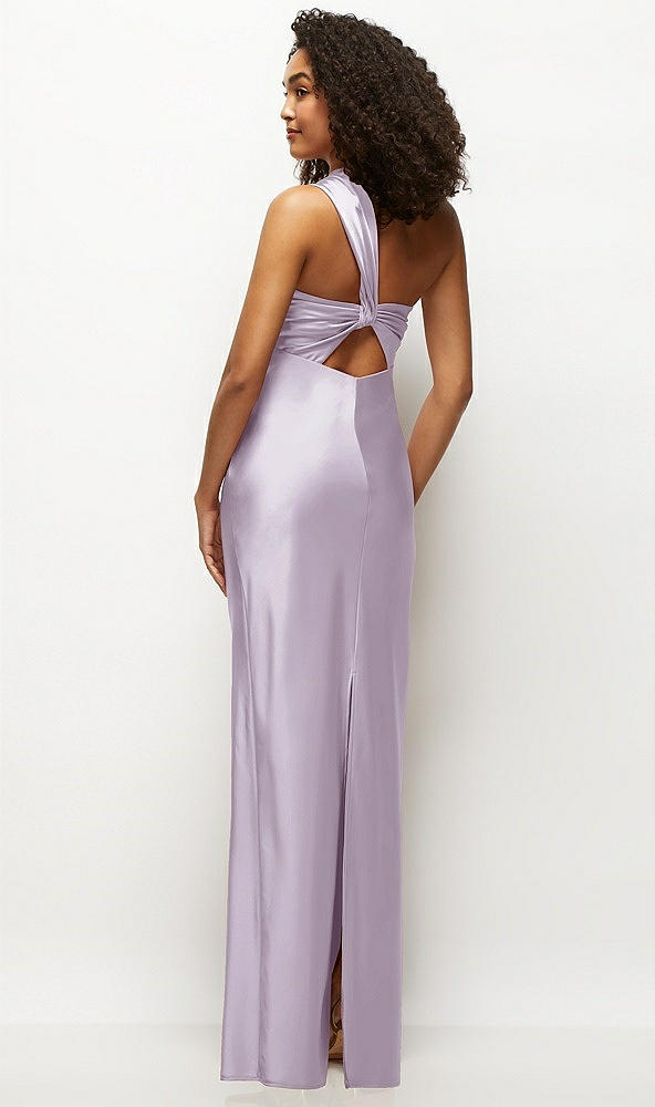 Back View - Lilac Haze Satin Twist Bandeau One-Shoulder Bias Maxi Dress