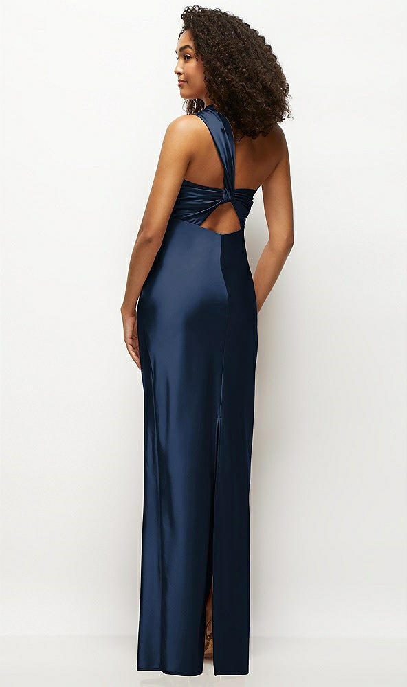 Back View - Midnight Navy Satin Twist Bandeau One-Shoulder Bias Maxi Dress