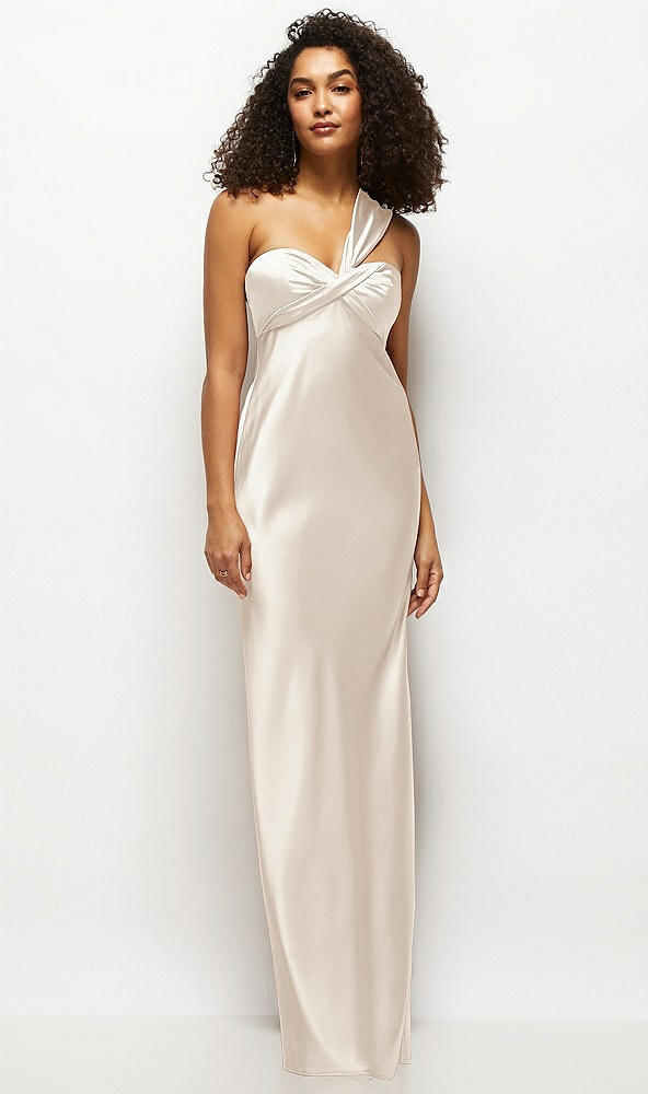 Front View - Oat Satin Twist Bandeau One-Shoulder Bias Maxi Dress