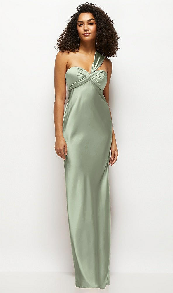 Front View - Sage Satin Twist Bandeau One-Shoulder Bias Maxi Dress