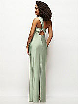 Rear View Thumbnail - Sage Satin Twist Bandeau One-Shoulder Bias Maxi Dress