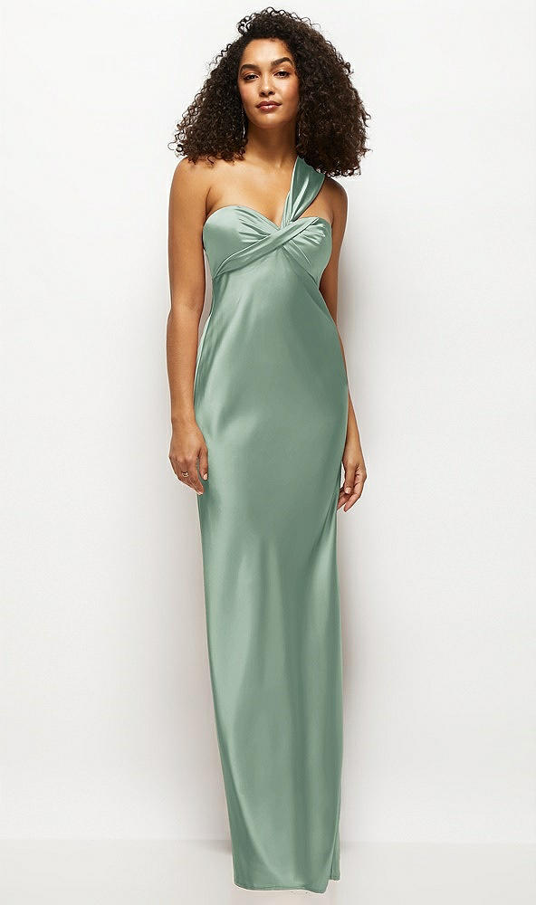 Front View - Seagrass Satin Twist Bandeau One-Shoulder Bias Maxi Dress