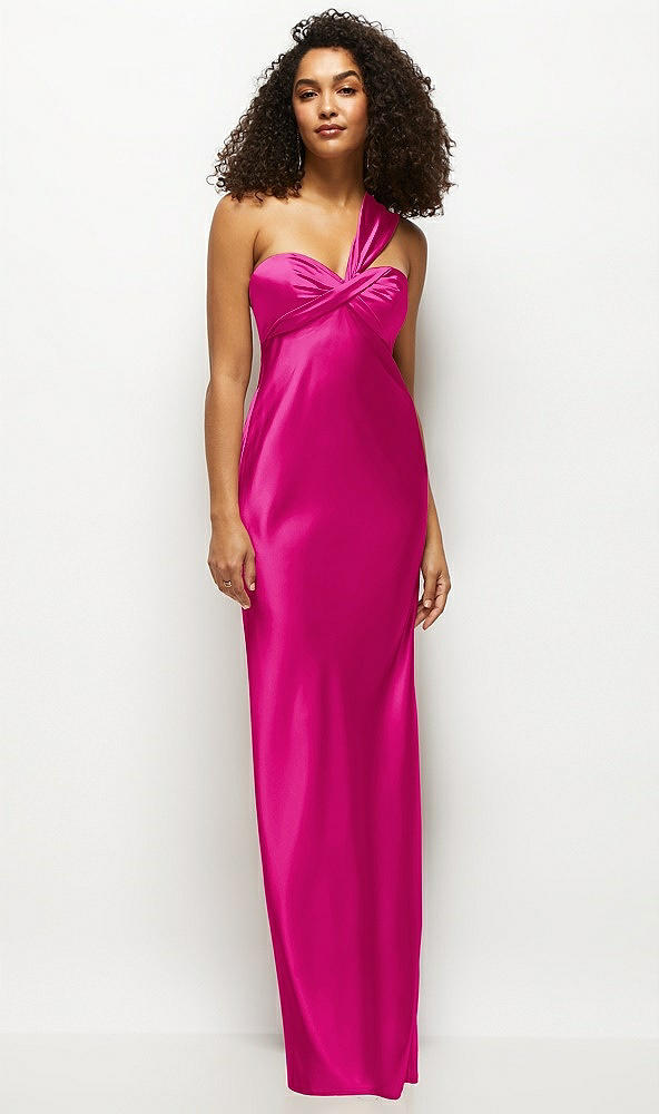 Front View - Think Pink Satin Twist Bandeau One-Shoulder Bias Maxi Dress