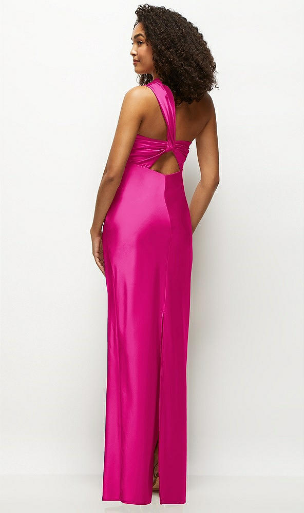 Back View - Think Pink Satin Twist Bandeau One-Shoulder Bias Maxi Dress