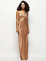 Front View Thumbnail - Toffee Satin Twist Bandeau One-Shoulder Bias Maxi Dress