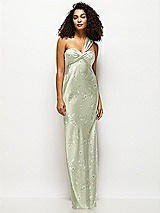 Alt View 1 Thumbnail - Vintage Primrose Celadon Floral Satin Twist Bandeau One-Shoulder Bias Maxi Dress