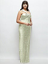 Alt View 2 Thumbnail - Vintage Primrose Celadon Floral Satin Twist Bandeau One-Shoulder Bias Maxi Dress