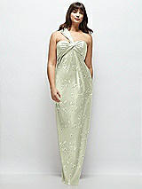 Front View Thumbnail - Vintage Primrose Celadon Floral Satin Twist Bandeau One-Shoulder Bias Maxi Dress