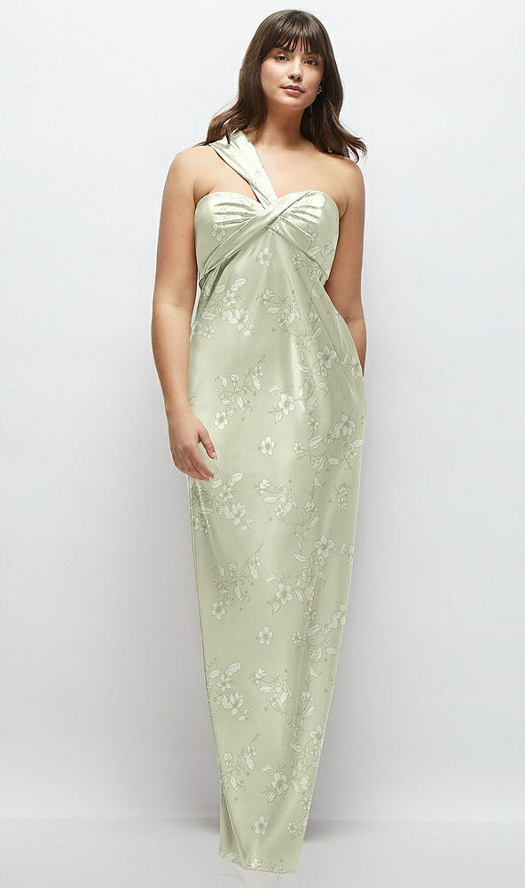 Front View - Vintage Primrose Celadon Floral Satin Twist Bandeau One-Shoulder Bias Maxi Dress