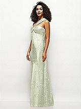 Side View Thumbnail - Vintage Primrose Celadon Floral Satin Twist Bandeau One-Shoulder Bias Maxi Dress