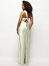 Rear View Thumbnail - Vintage Primrose Celadon Floral Satin Twist Bandeau One-Shoulder Bias Maxi Dress