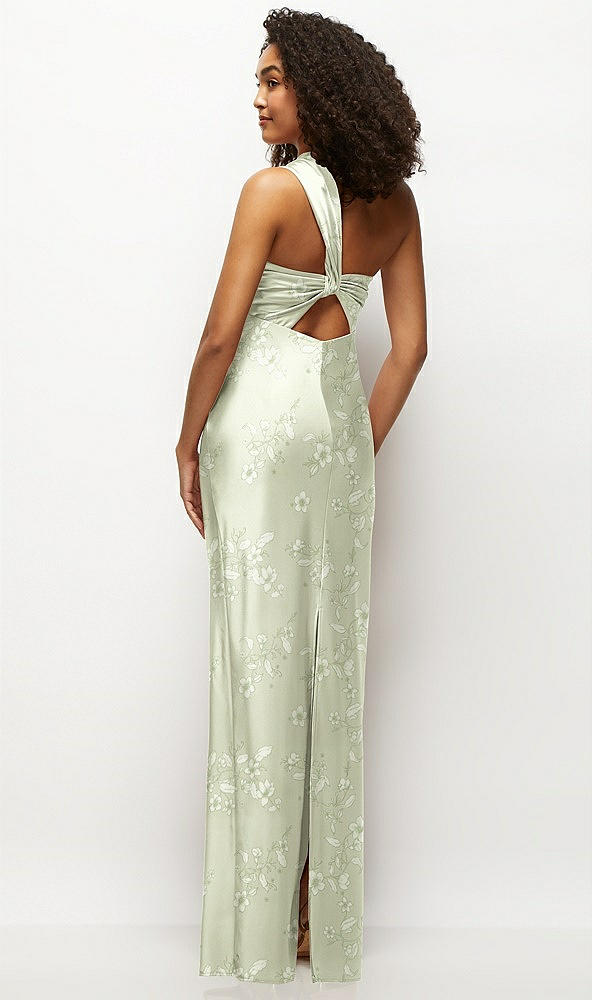 Back View - Vintage Primrose Celadon Floral Satin Twist Bandeau One-Shoulder Bias Maxi Dress