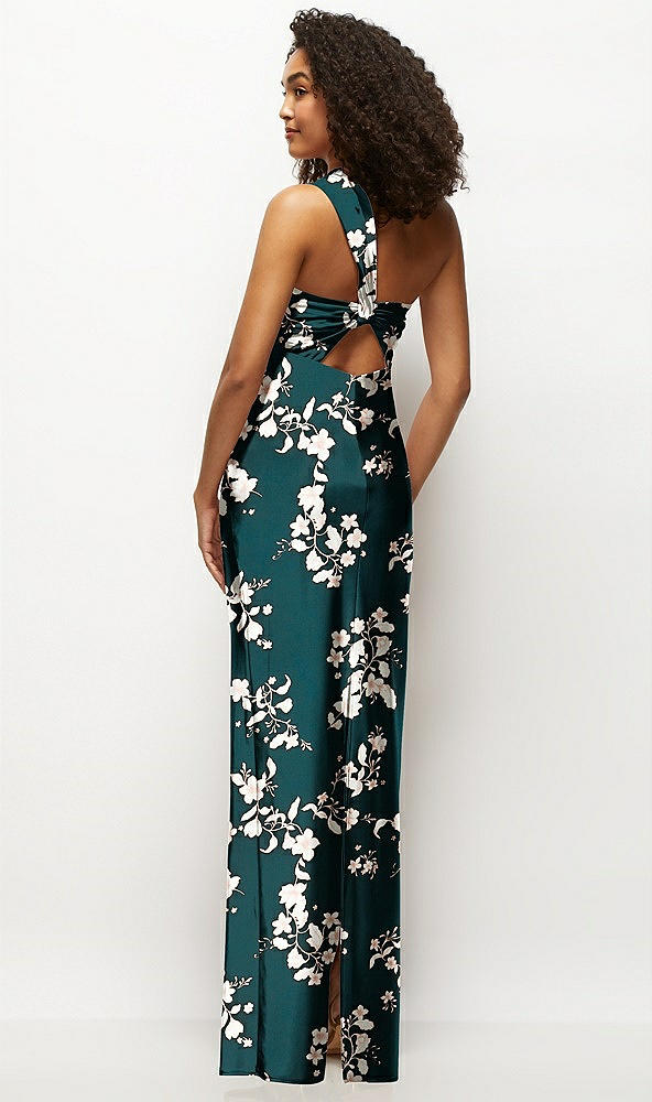 Back View - Vintage Primrose Evergreen Floral Satin Twist Bandeau One-Shoulder Bias Maxi Dress