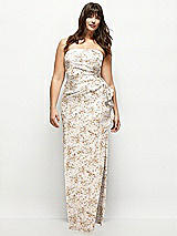 Alt View 1 Thumbnail - Golden Hour Strapless Draped Skirt Floral Satin Maxi Dress with Cascade Ruffle