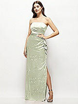 Front View Thumbnail - Vintage Primrose Celadon Strapless Draped Skirt Floral Satin Maxi Dress with Cascade Ruffle