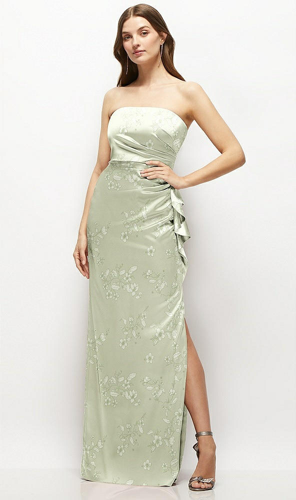 Front View - Vintage Primrose Celadon Strapless Draped Skirt Floral Satin Maxi Dress with Cascade Ruffle